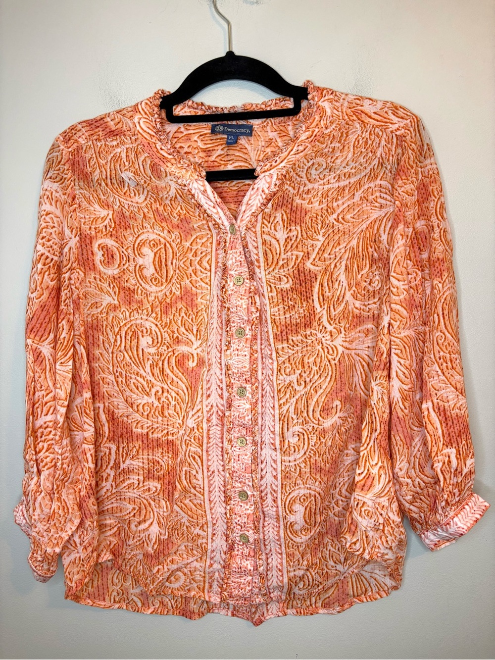 Democracy Petite Large Coral Paisley Modal Blouse Boho Button Front PL